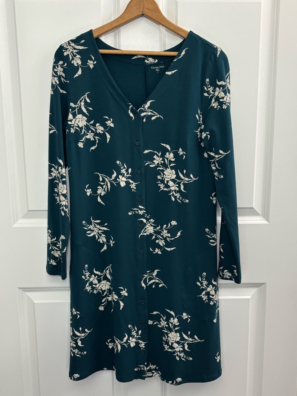 Garnet Hill Floral Dress S Teal Lyocell Long Sleeve Pockets Cottage Teacher 0501